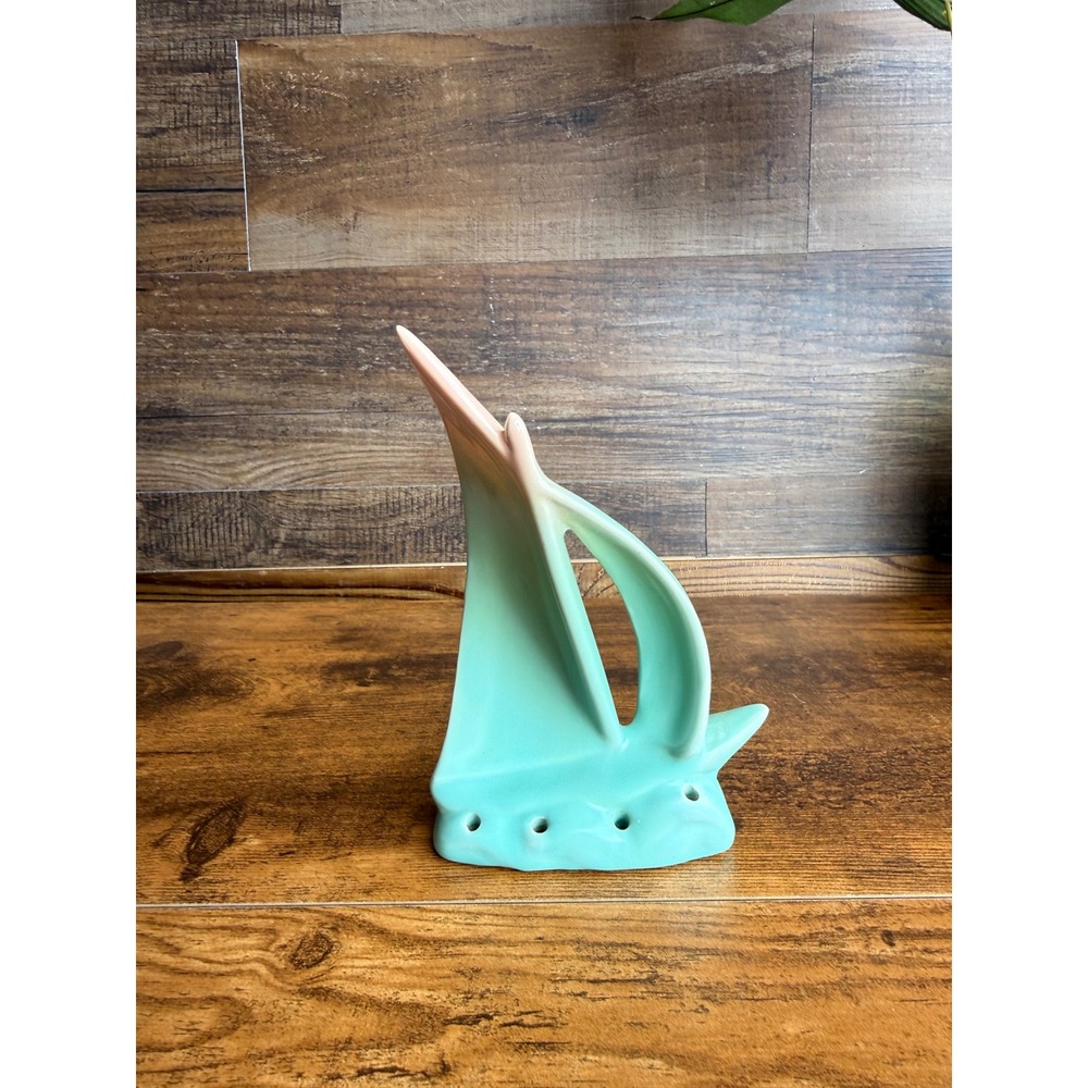 Vintage California Pottery Sailboat Flower Frog Pastel Teal Mid Century Modern